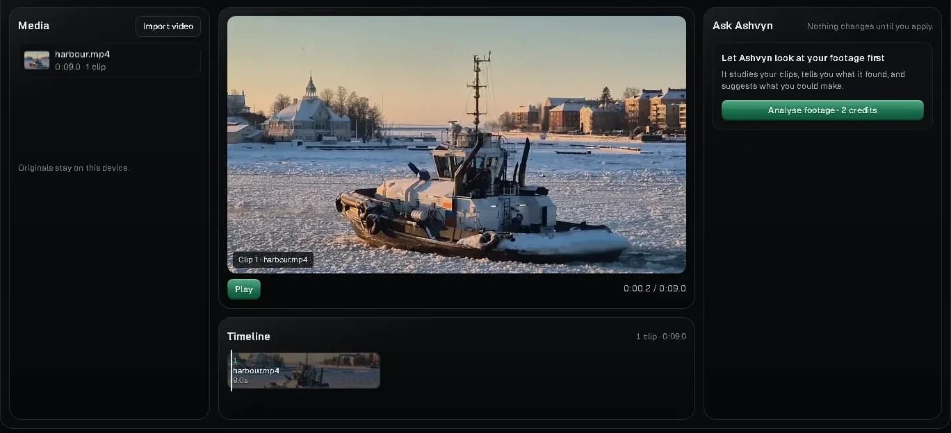 The Ashvyn Edits editor in its public product demo: media, video preview, timeline and the Ask Ashvyn panel.